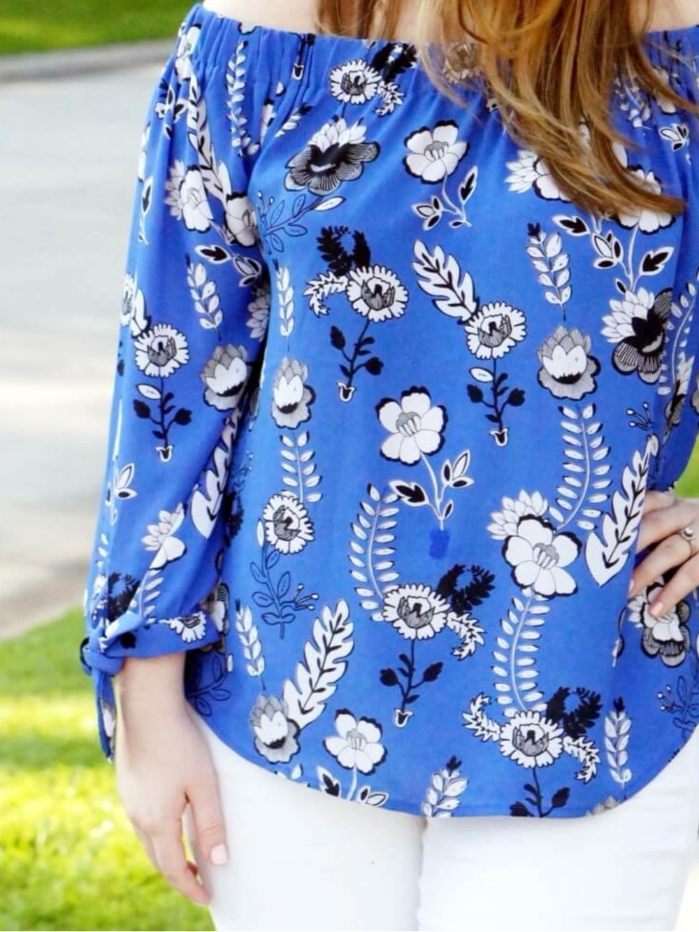 Express Blue Floral Off-Shoulder Blouse